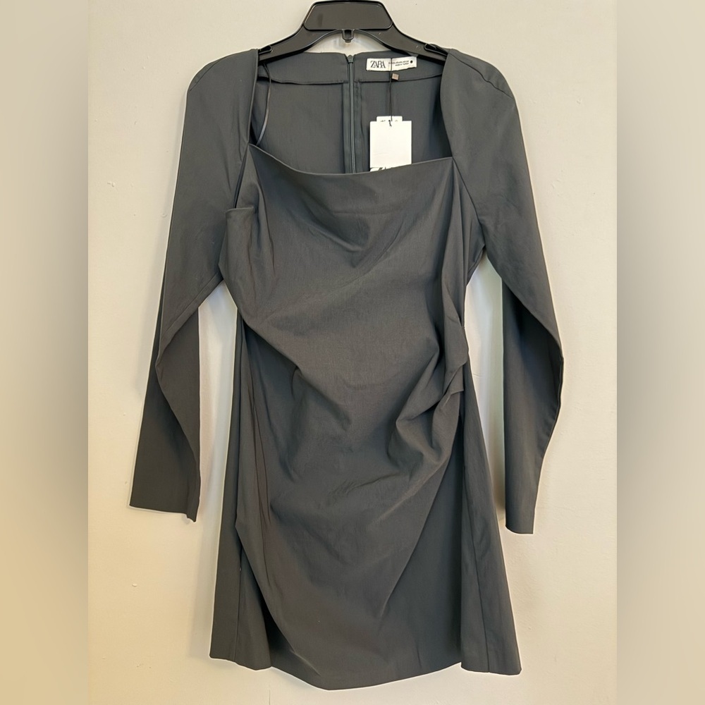 Zara Womens Mini Dress Squared Neckline Gray Long Sleeve Size Body Con 2XL NEW - Picture 2 of 8